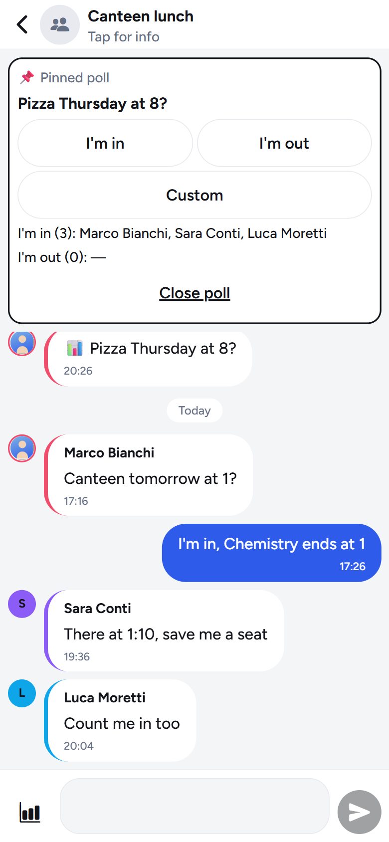 Group chat with a pinned poll and friends' messages.