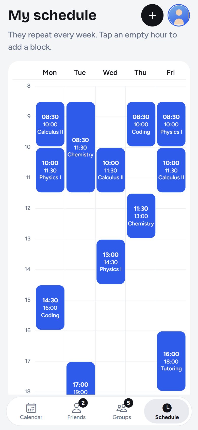 Your weekly schedule with lectures from Monday to Friday.