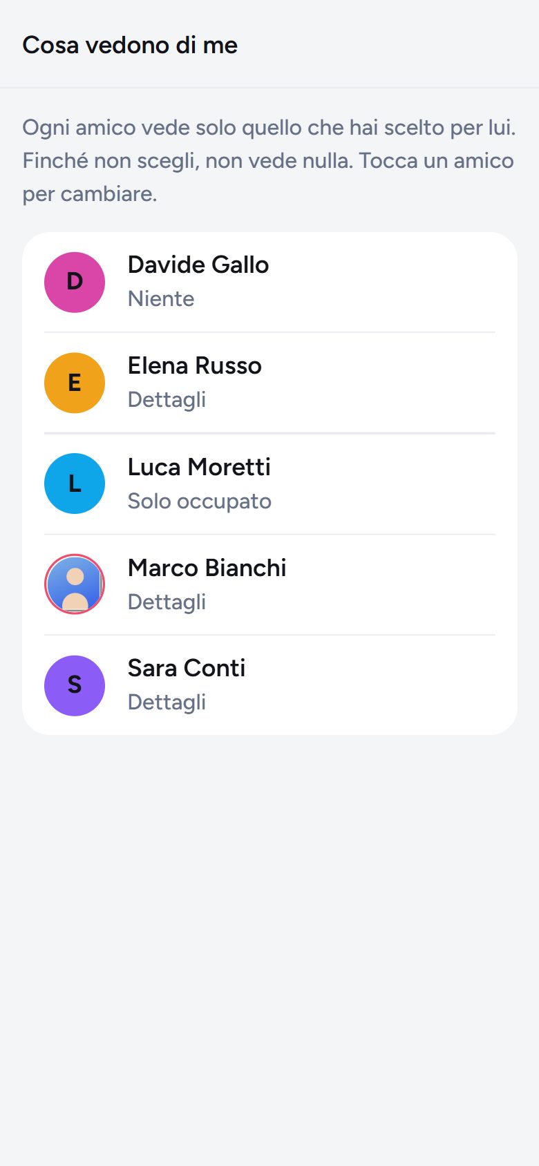 Elenco degli amici con cosa vede ognuno: niente, solo occupato o dettagli.